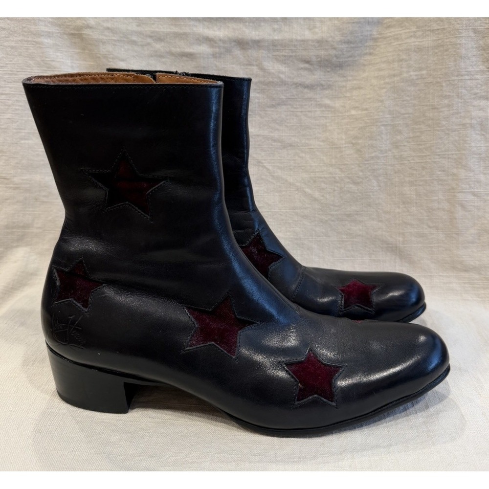 John Fluevog Fox & Fluevog FLORIAN Leather Zip-Up Boots Velvet Star Cutouts 7M